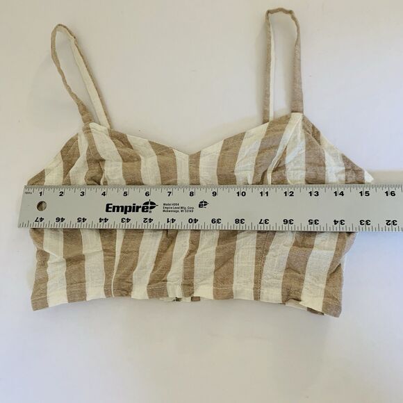 Windsor Linen Crop Top Women S Tan White Stripe Tank Coastal Beach Vacation - Picture 5 of 6